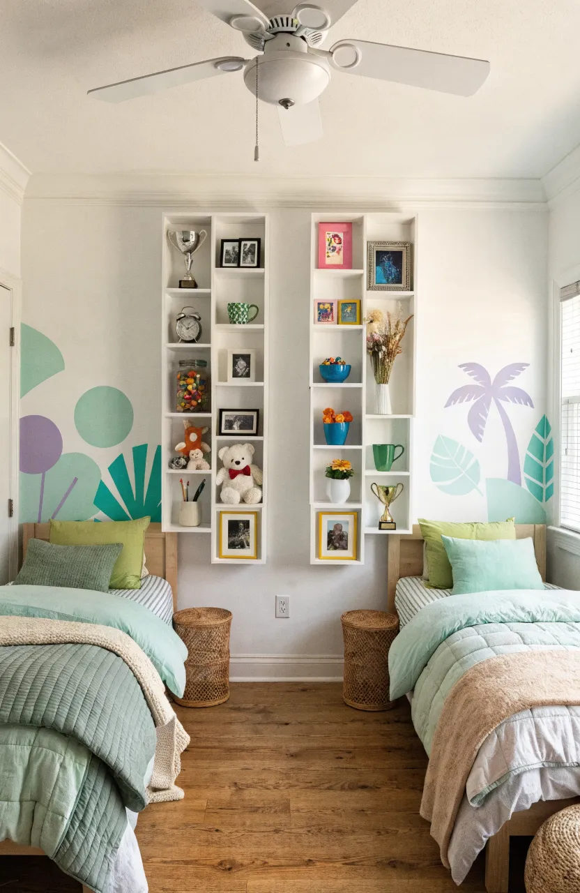 Vertical white wall cubbies filled with toys and trophies mounted between two beds in a shared room.