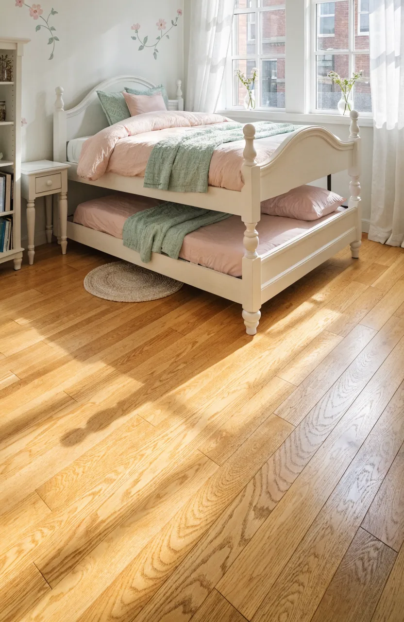 A white wooden trundle bed in a bright, small bedroom with one bed tucked under the other.