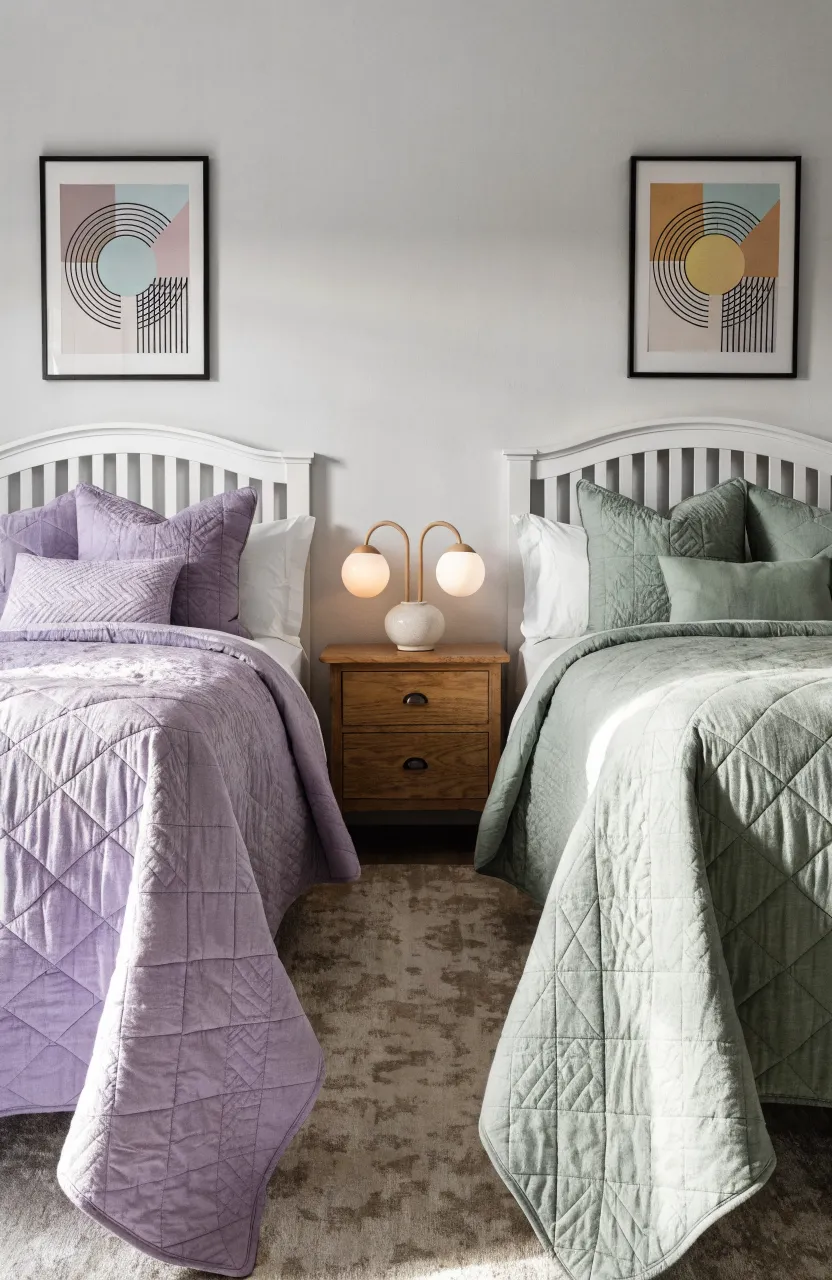 Two twin beds with matching patterns in lavender and green colors to mark personal zones.