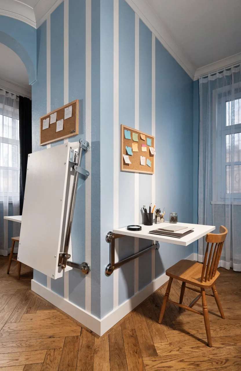 Two white wall-mounted desks in a small room, one folded up and one folded down for study.