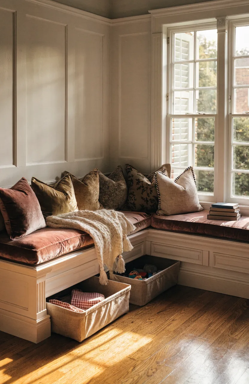 A white corner bench with storage drawers and pink cushions under a bedroom window.