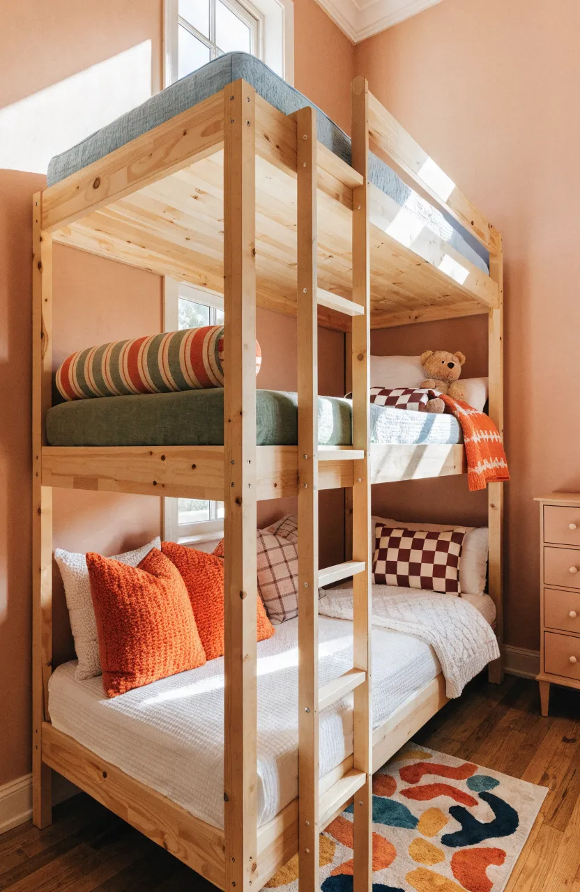 A three-tier wooden bunk bed stacked vertically in a small room with peach-colored walls.