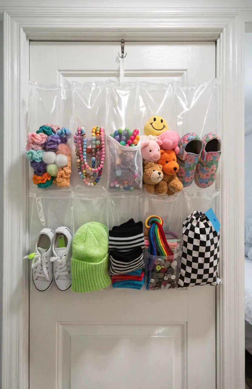 A clear hanging organizer on a white door filled with shoes and accessories.