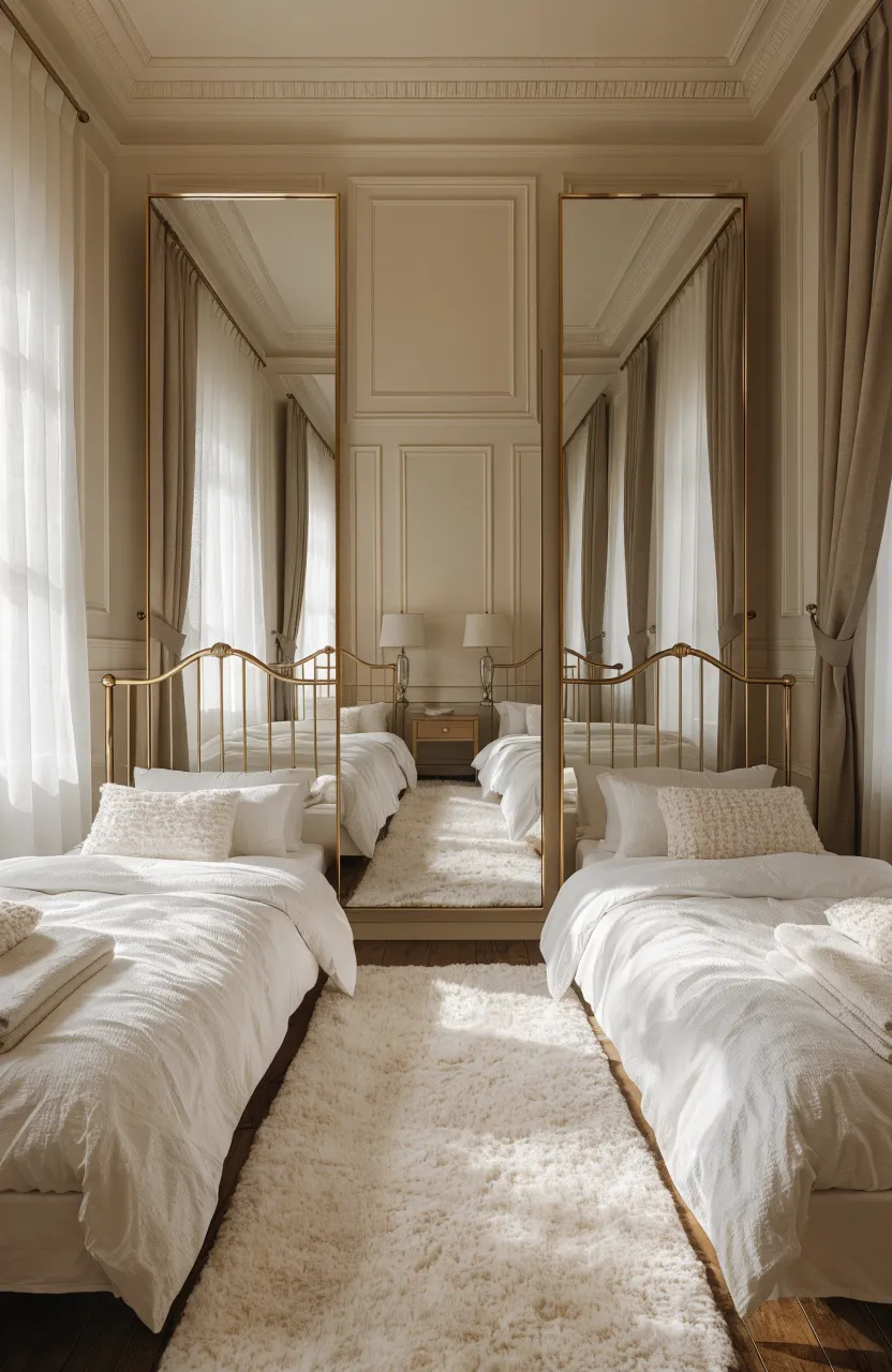 A small bedroom with two large gold-framed mirrors on opposite walls reflecting the beds.
