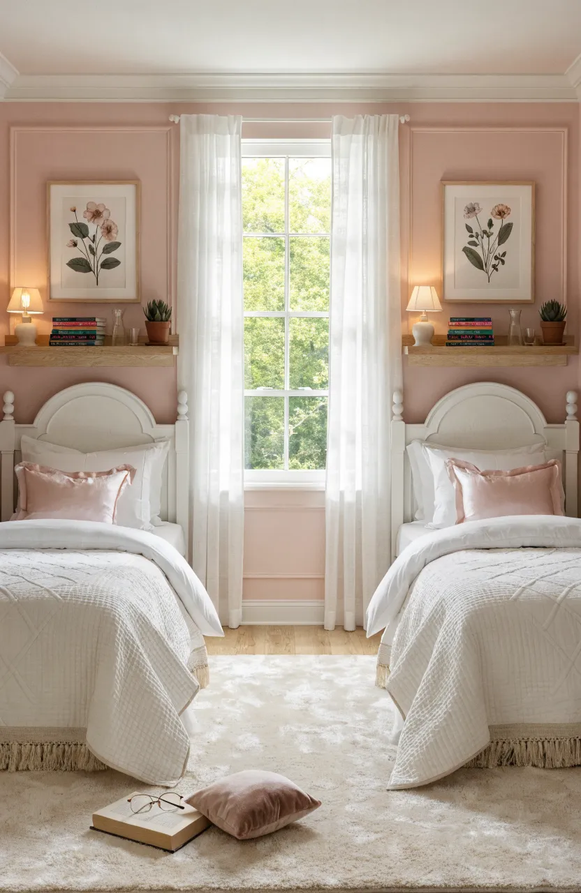 A small shared bedroom for sisters featuring two twin beds with space-saving floating wooden shelves.