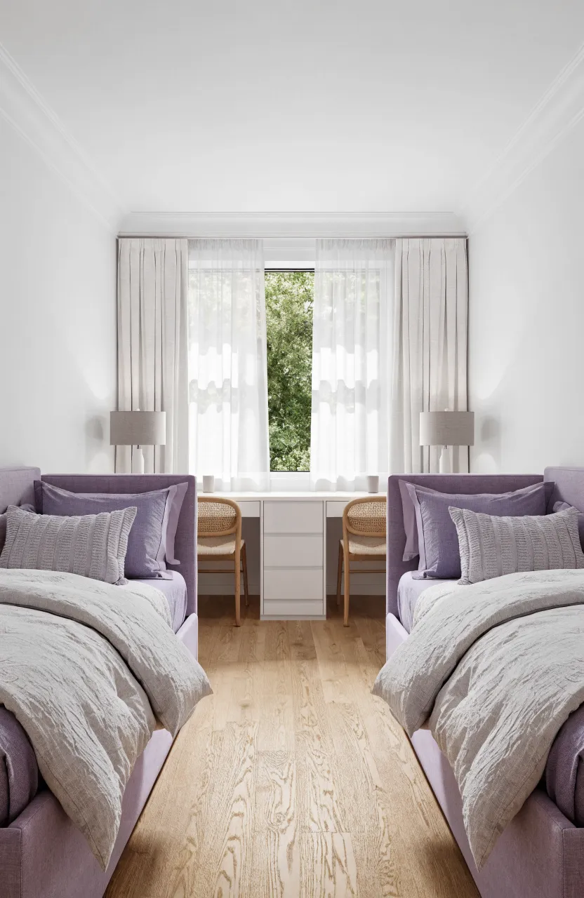 A symmetrical shared bedroom with two twin beds separated by a central white built-in desk unit.