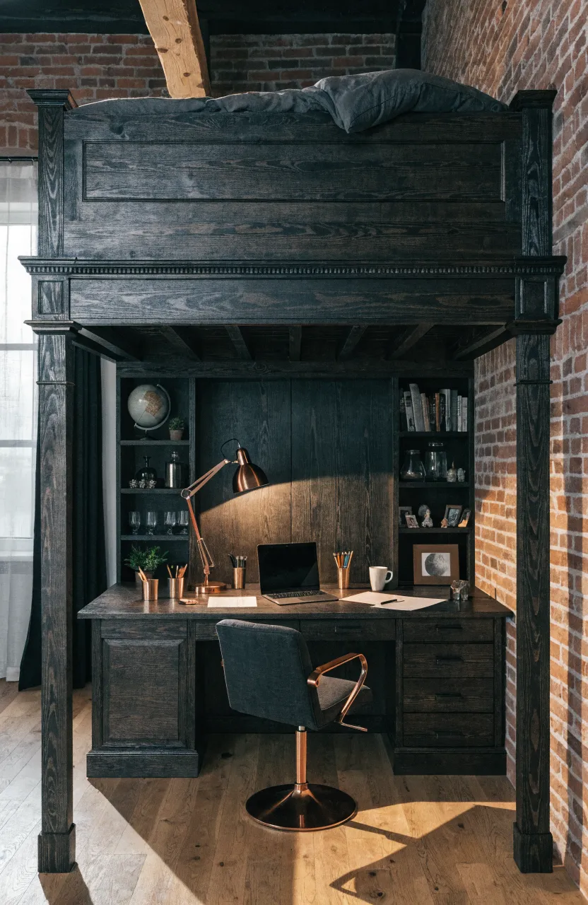 A teenage girl's loft bed with a large, private built-in desk and shelving unit underneath.