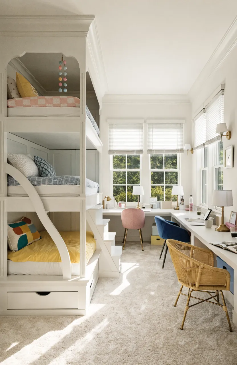 A shared room for three sisters with a triple-stacked bunk bed and a long three-person desk nook.