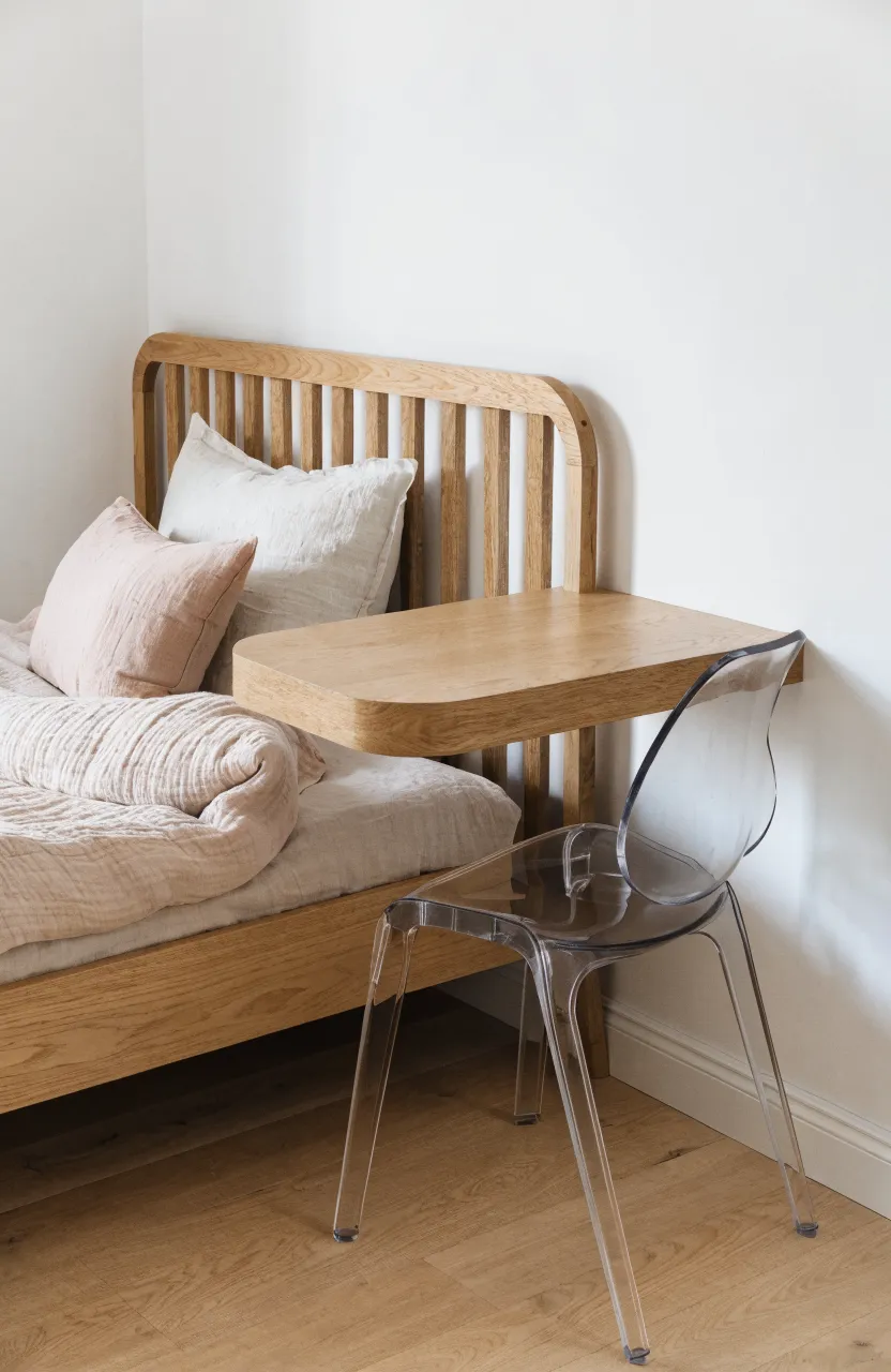 A minimalist floating desk mounted to the foot of a twin bed, saving floor space in a small room.