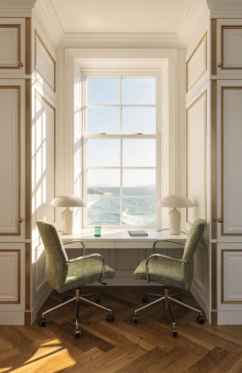 A long built-in desk situated under a bright window, framed by two tall white wardrobes on each side.