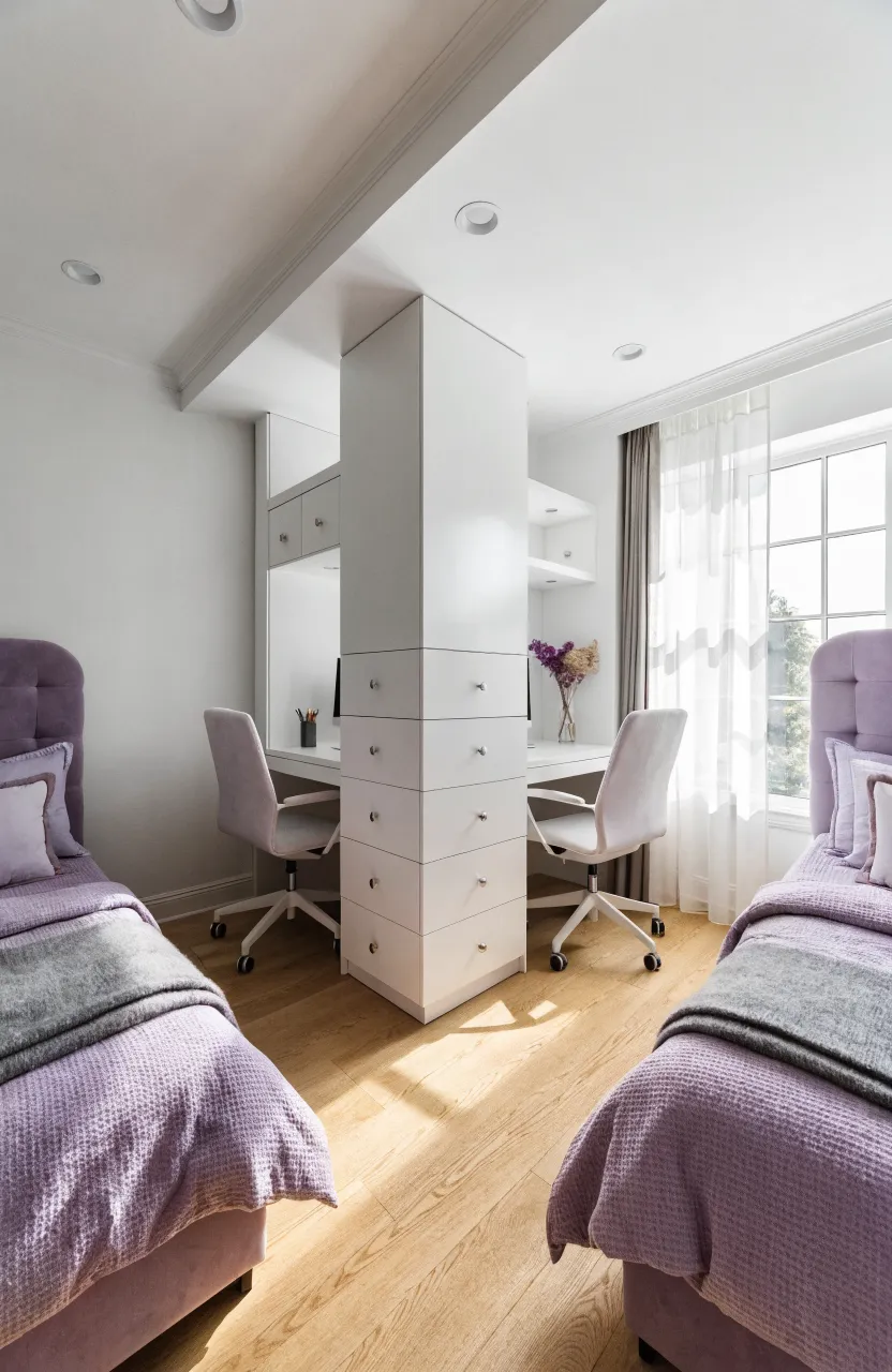A wide shot of a shared bedroom featuring a white T-shaped desk dividing two lavender beds.