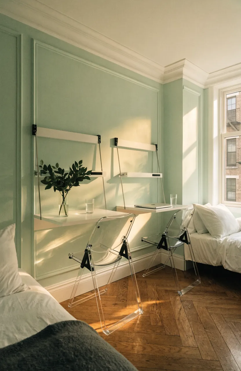 Two white fold-down wall desks mounted on a mint green wall in a compact shared bedroom.