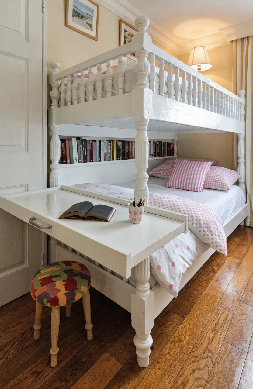 A white wooden bunk bed with a desk surface pulled out like a drawer for a shared bedroom.