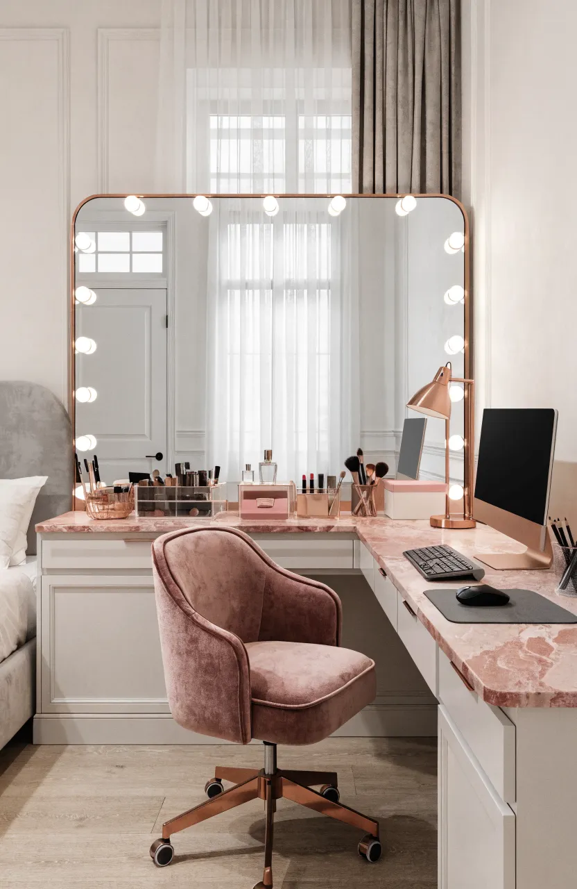 A white L-shaped corner vanity and desk combo with a lighted mirror in a shared bedroom.