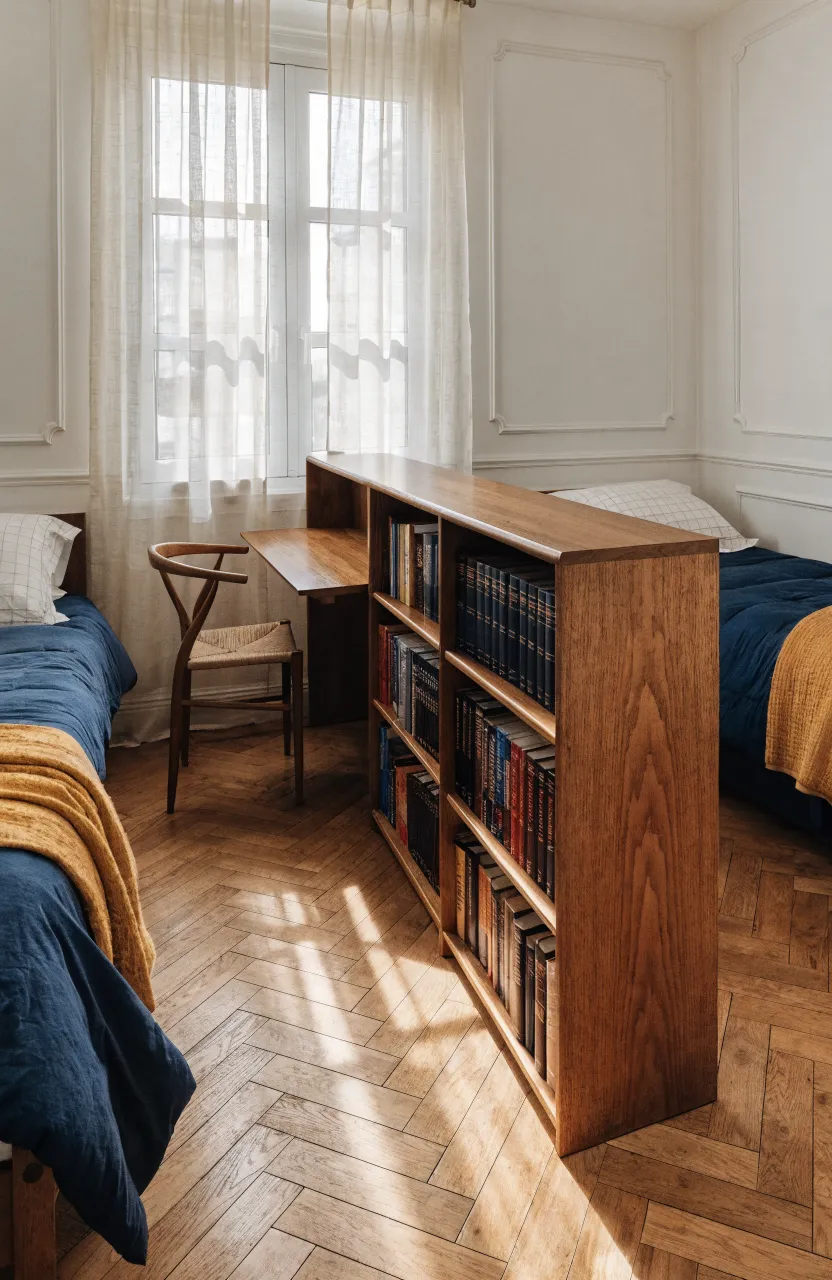A low walnut bookshelf dividing a shared bedroom with an integrated desk surface.
