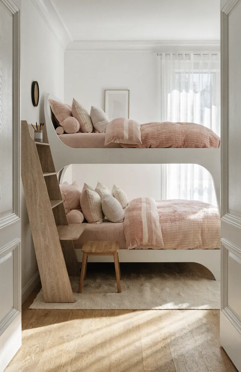 A modern shared girls' bedroom featuring a white bunk bed and a space-saving leaning ladder desk at the foot.