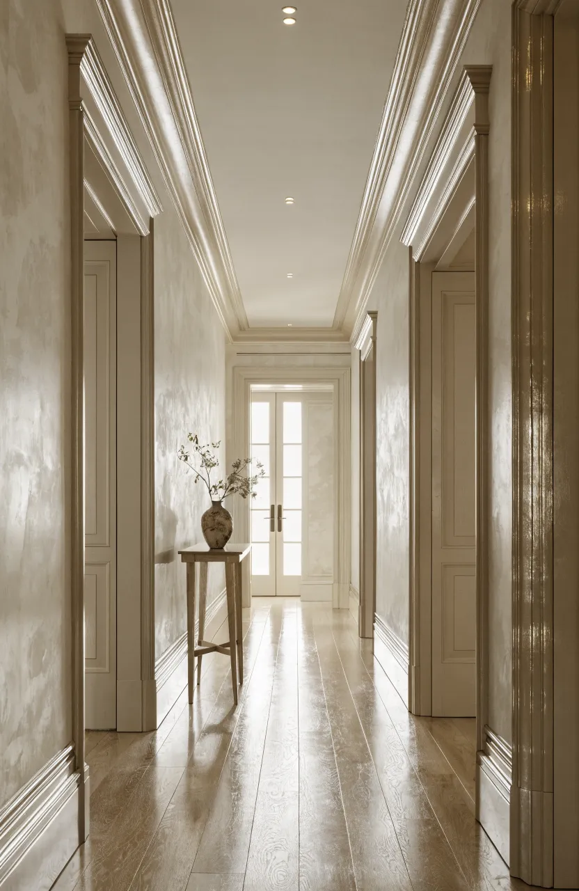 A narrow hallway with warm off-white walls and light-reflecting satin finish baseboards and door frames.