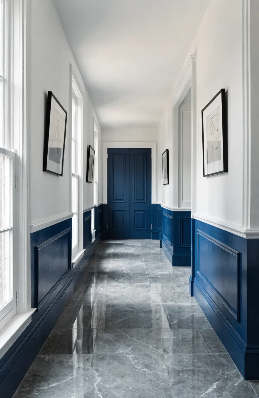 A modern narrow hallway with a navy blue lower wall and bright white upper wall separated by trim.