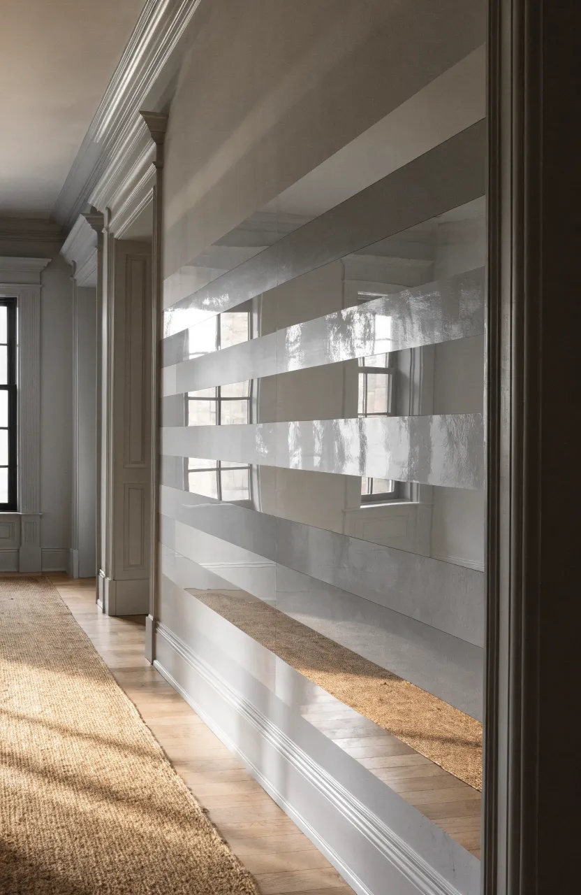 A narrow hallway featuring wide horizontal grey stripes on one wall to visually expand the space.