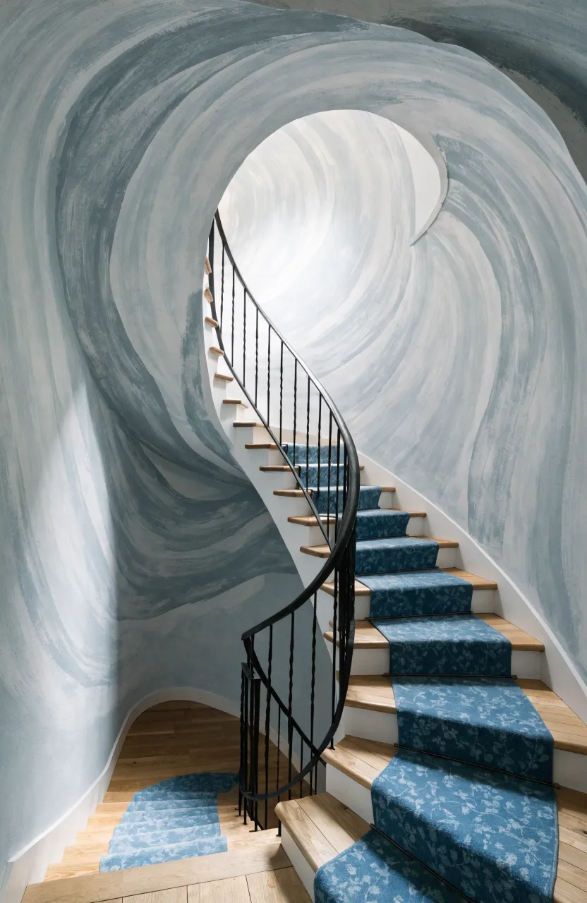 A continuous light grey color scheme across a hallway, staircase, and upper landing for a spacious look.
