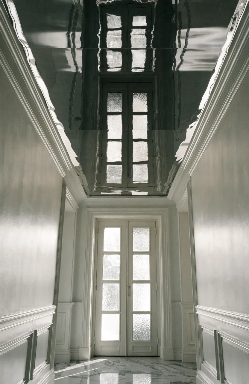 A narrow hallway with a high-gloss white ceiling reflecting light to brighten the dark corridor.