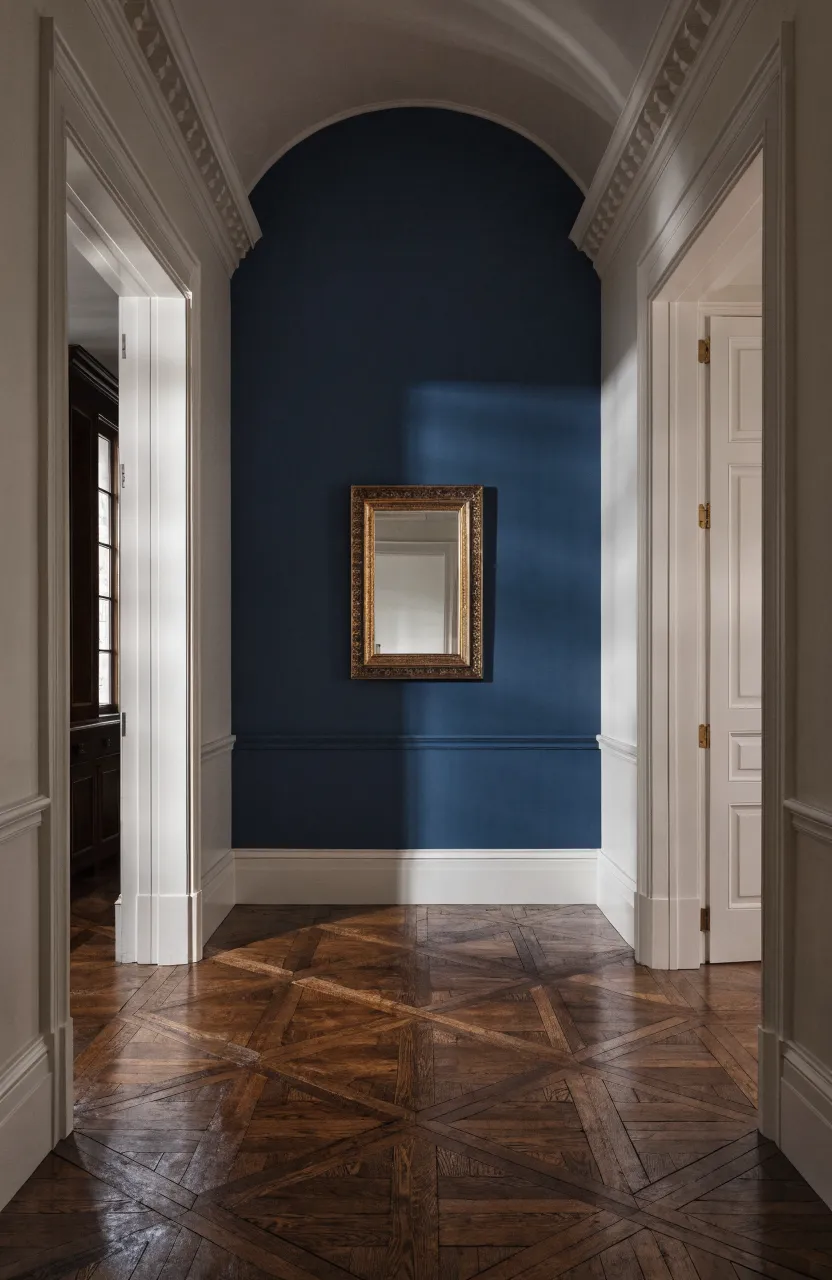 A narrow hallway with light side walls and a deep navy blue focal wall at the end for added depth.