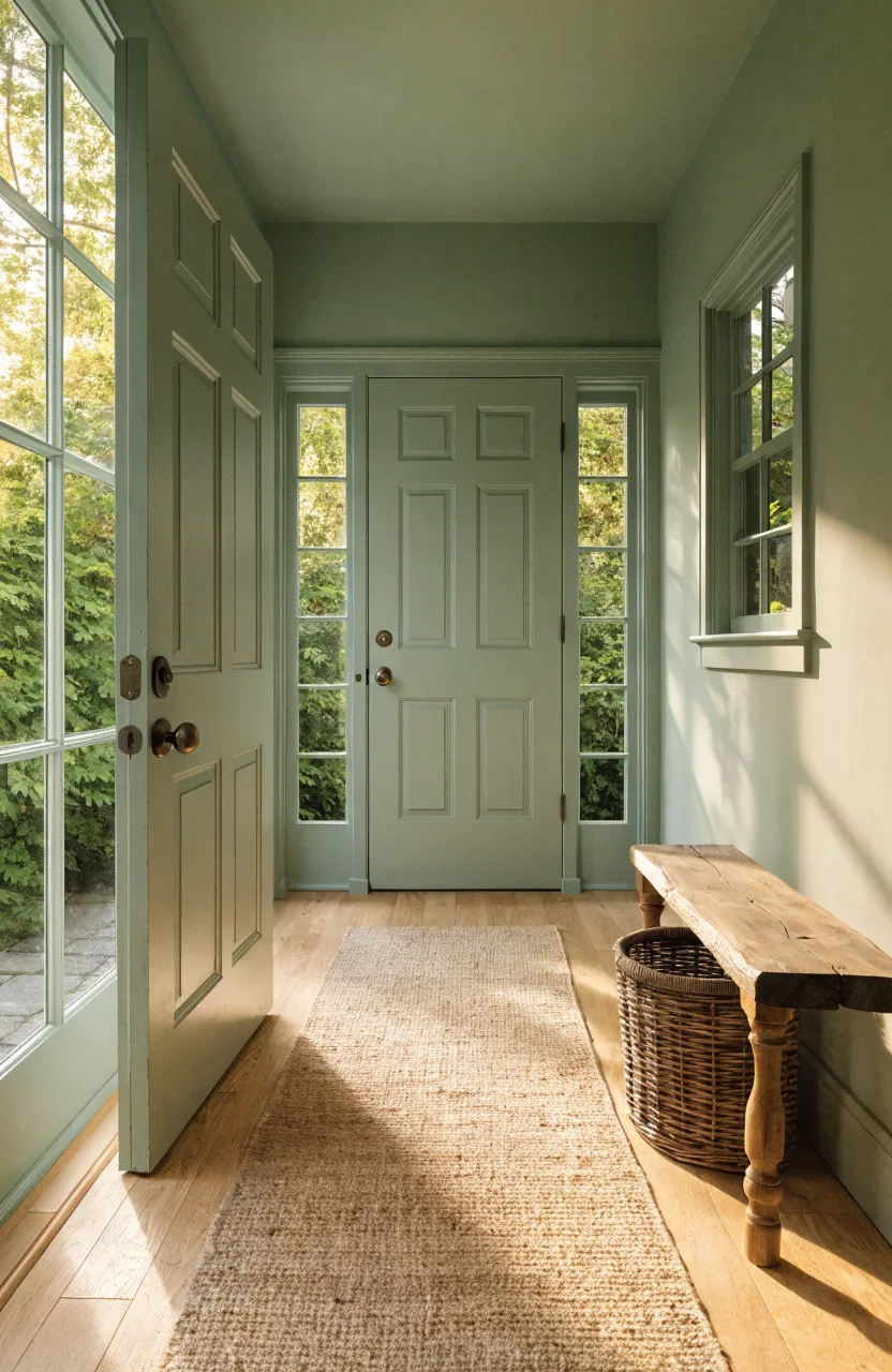 A narrow entryway painted in calming pale sage green with natural wood floors and a sisal rug.