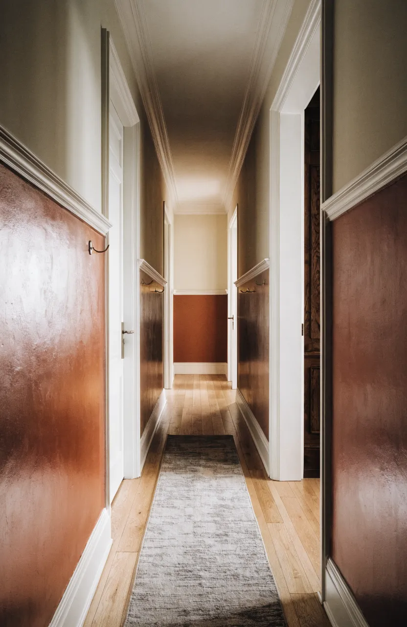 A narrow hallway with a warm terracotta lower wall and cream upper wall, creating a cozy and grounded interior.