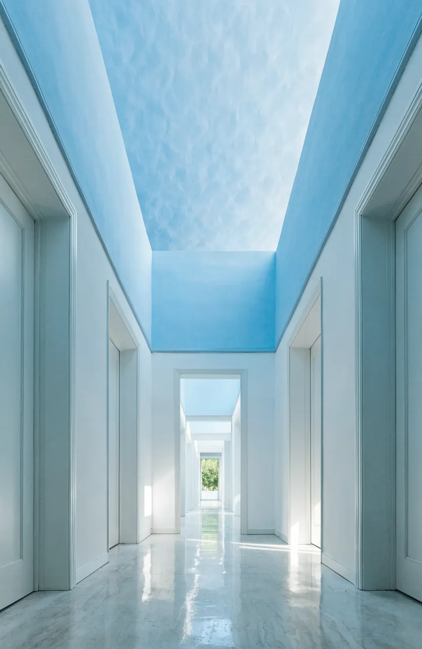 A bright narrow hallway featuring a pale sky blue ceiling and white walls to create a sense of height and airiness.