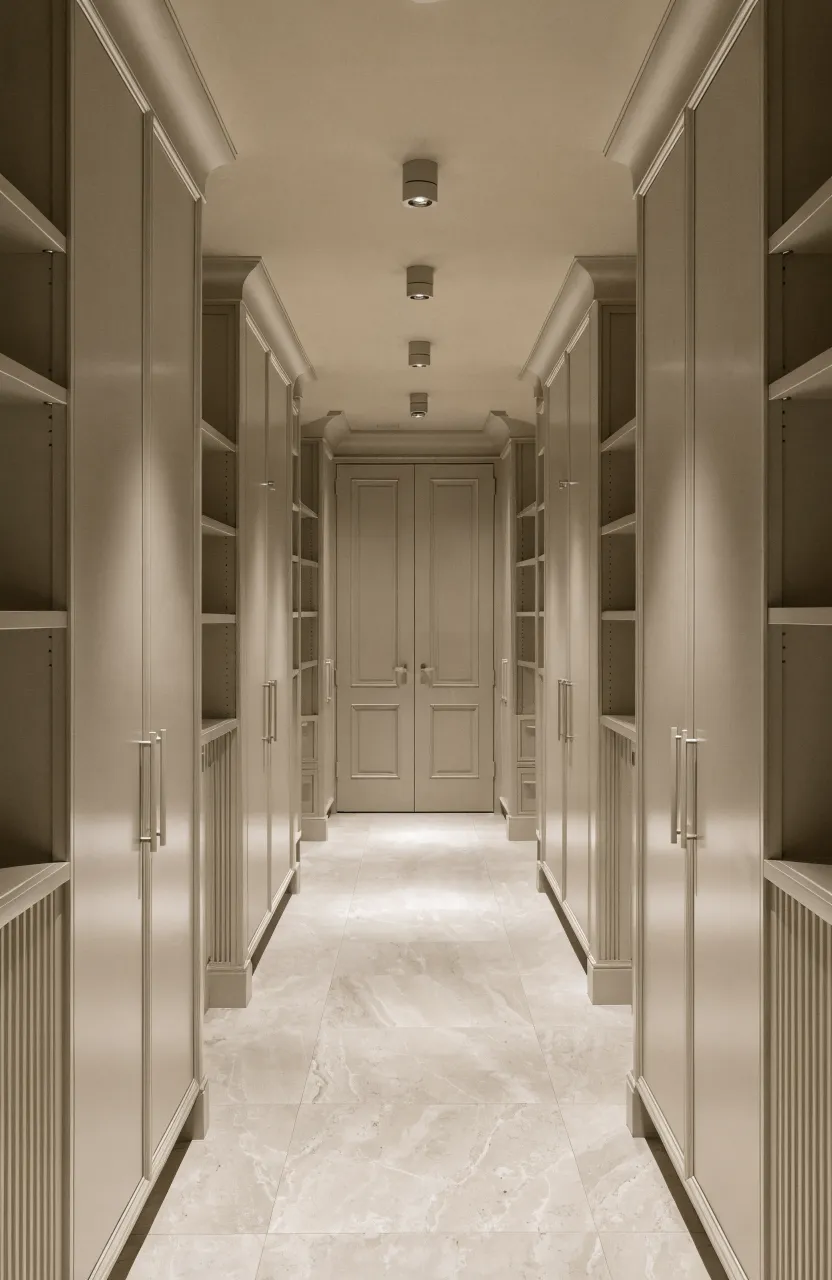 A monochromatic narrow hallway with muted beige walls and matching built-in storage cabinets for a clean look.