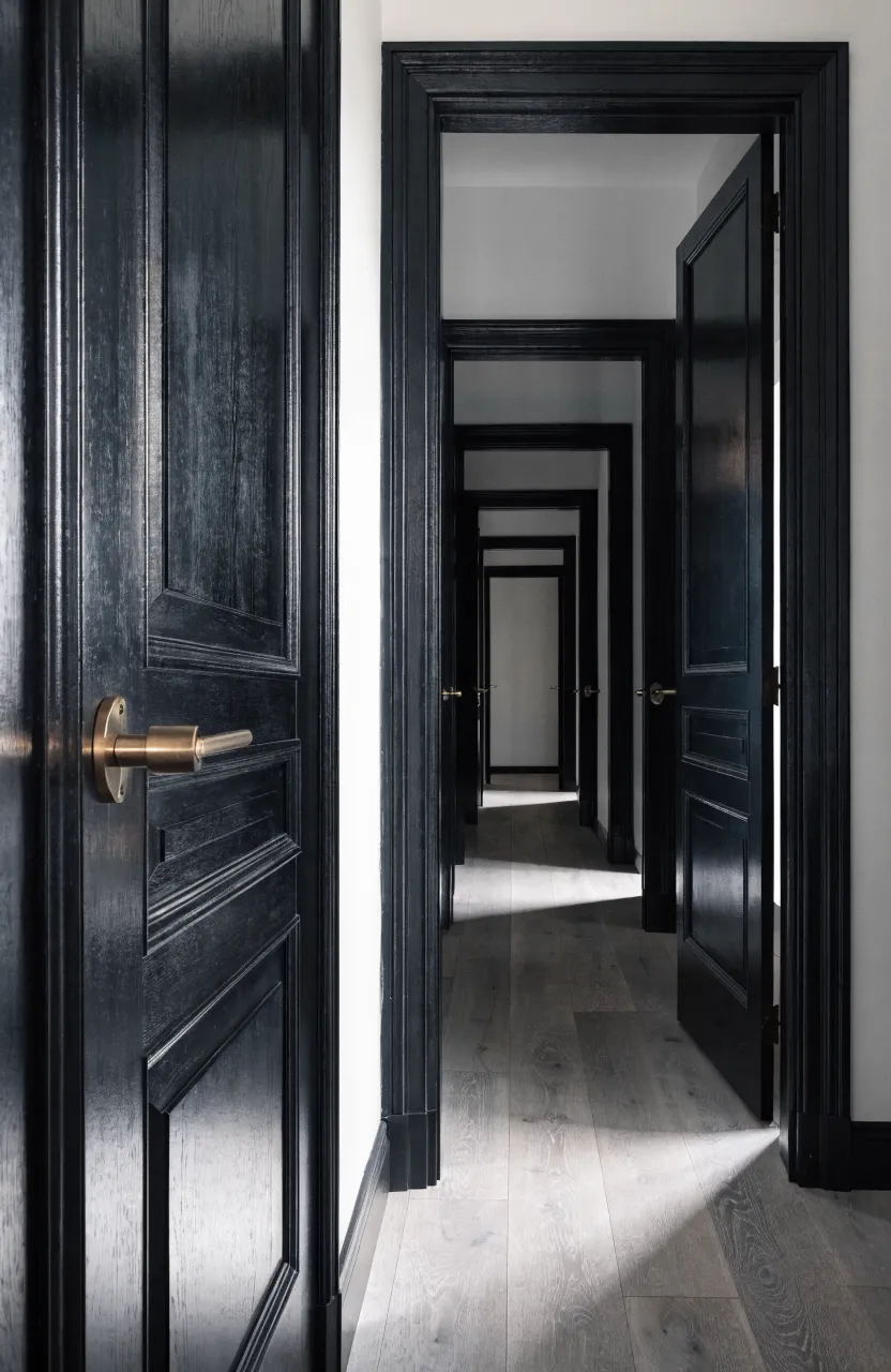 A modern narrow hallway with bright white walls and contrasting charcoal black door frames and doors.