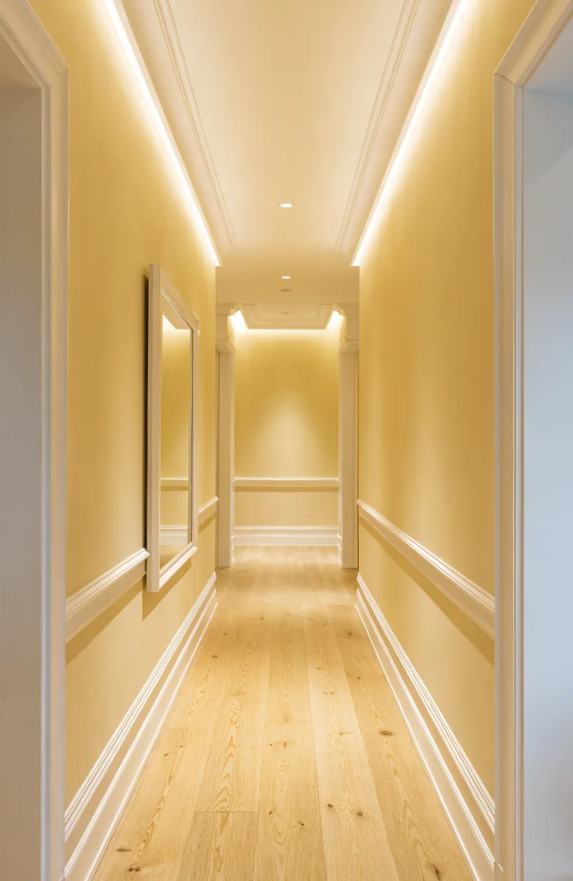 A cheerful windowless hallway painted in soft buttery yellow with white trim and light wood floors.