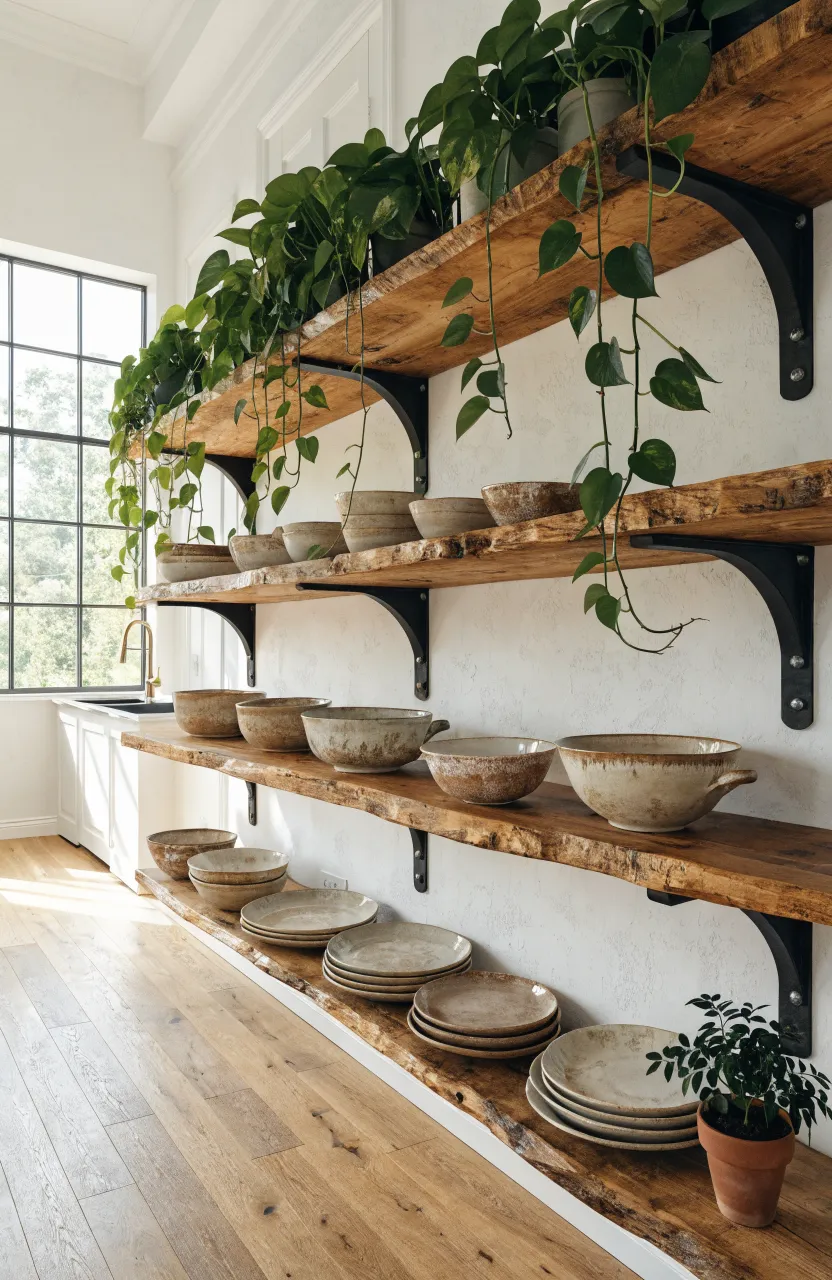 Modern boho kitchen with reclaimed wood open shelves and trailing pothos plants against white walls.