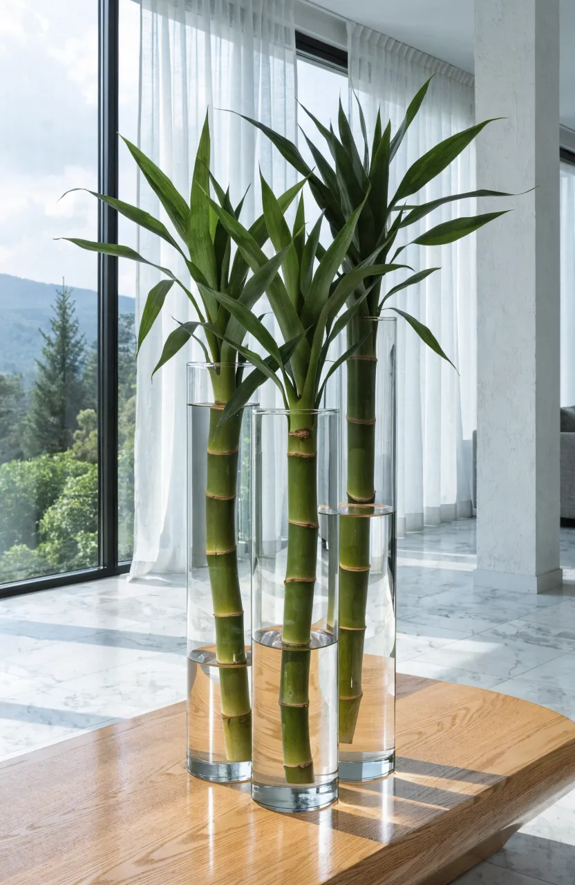Straight green lucky bamboo stalks in tall clear glass vases on a wooden table in a bright room.