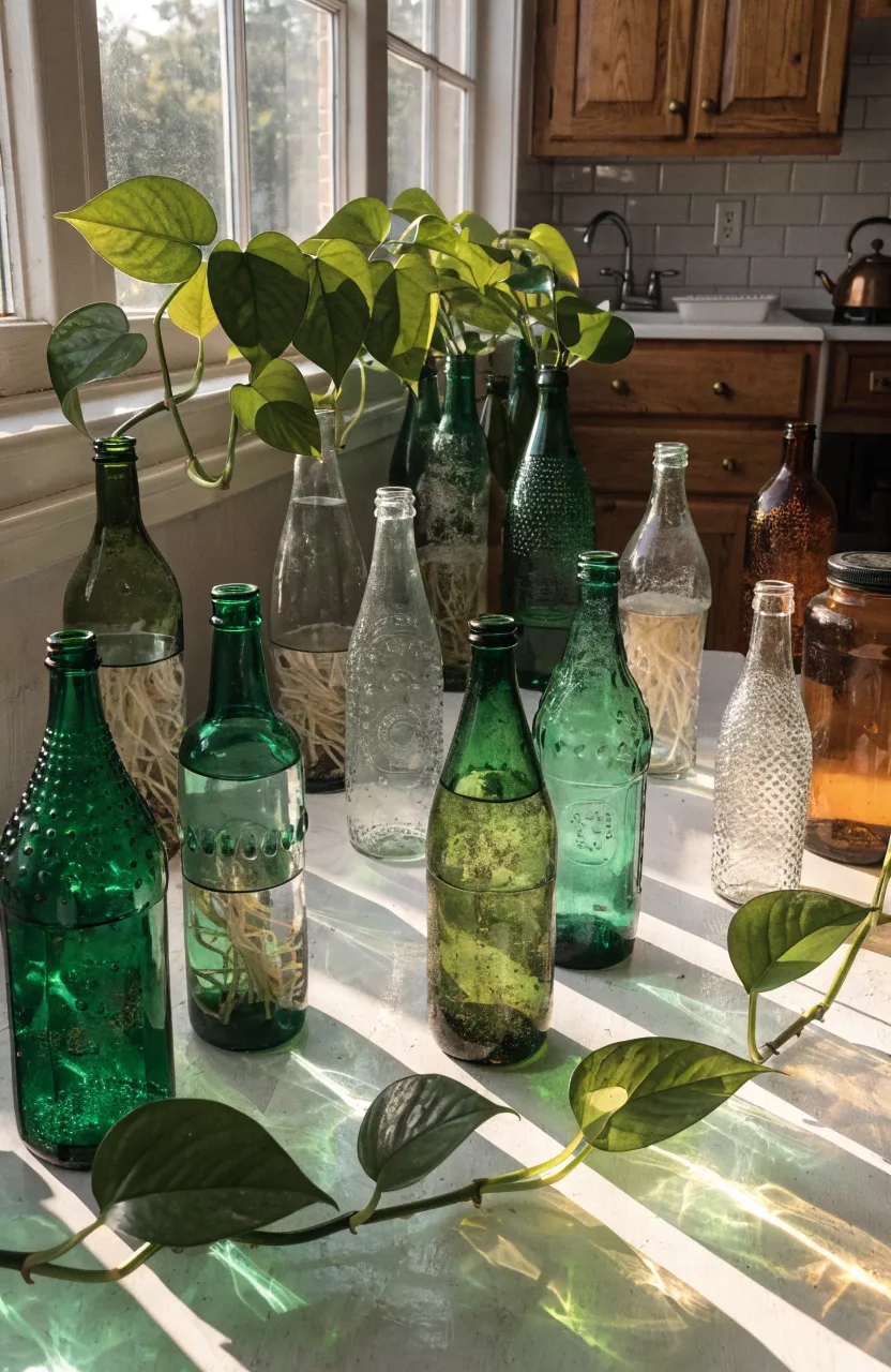 Trailing pothos plants in vintage glass bottles sitting on a sunny kitchen windowsill.