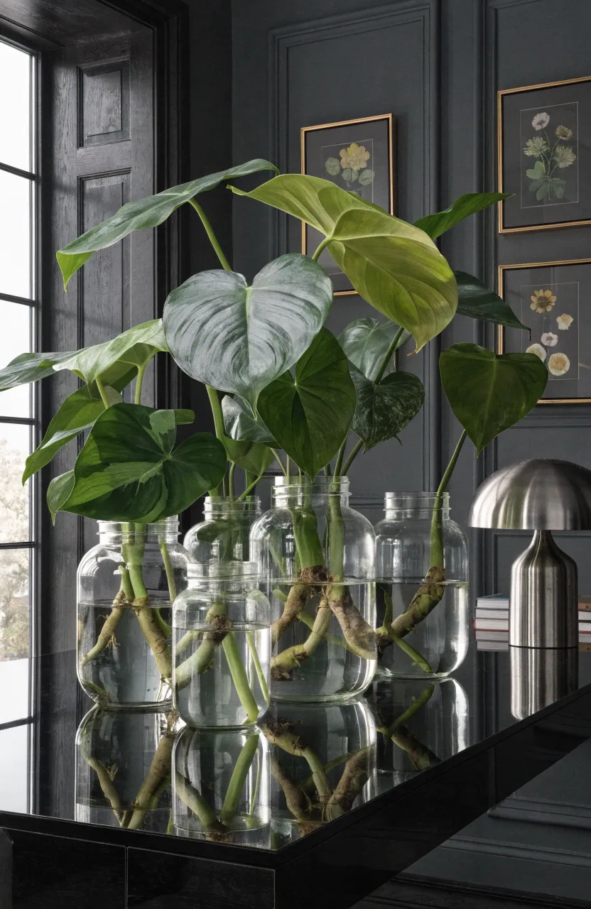 Heart-shaped philodendron leaves in wide glass jars on a modern desk in a home office.