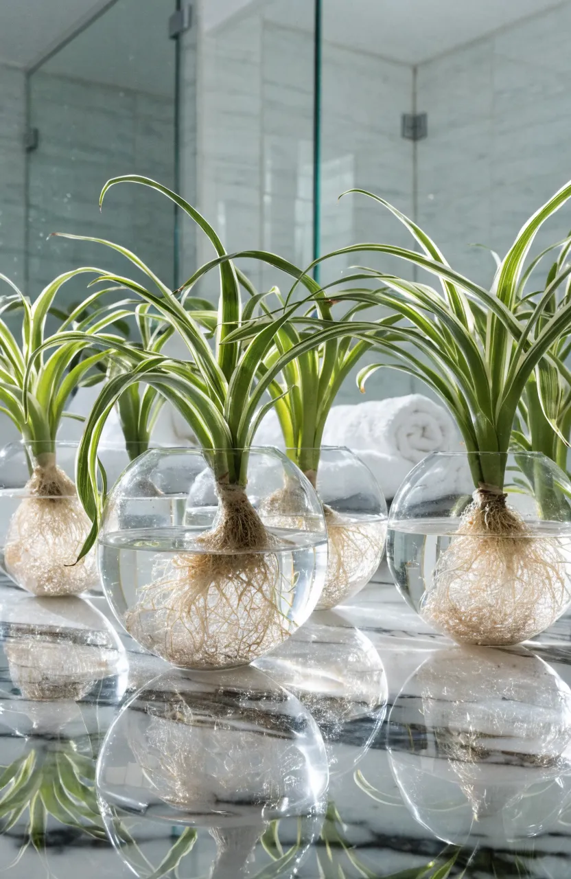 Small spider plant babies with white roots in glass bowls on a marble bathroom counter.