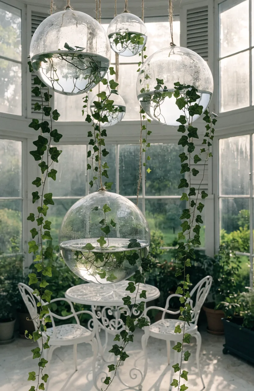 English ivy vines trailing down from glass globes hanging in a bright, sunlit room.