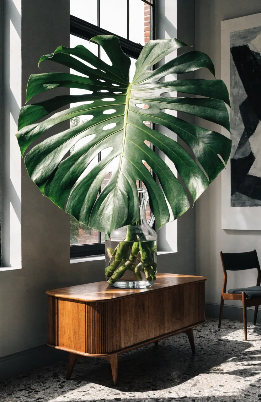 A large Monstera leaf with thick roots in a heavy glass jug on a wooden sideboard.