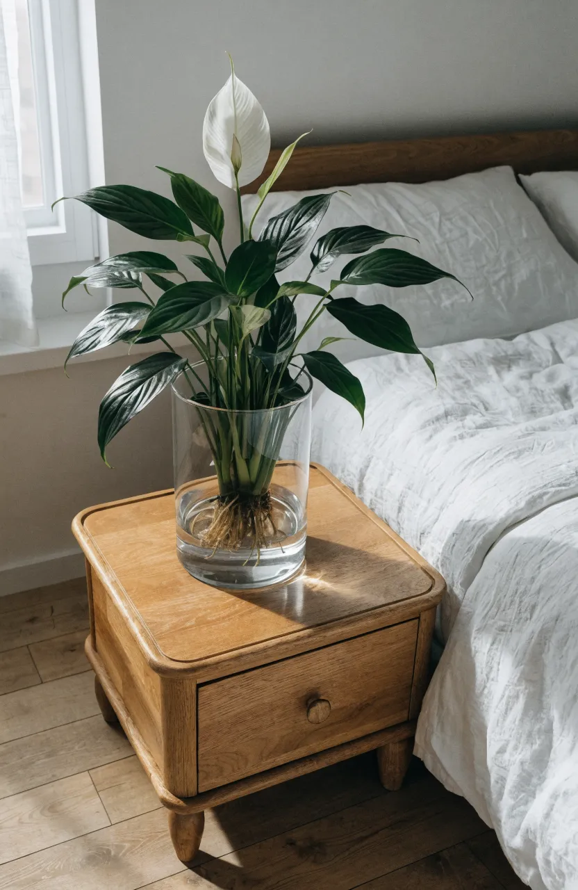 A flowering peace lily in a modern glass pot on a bedside table in a clean bedroom.