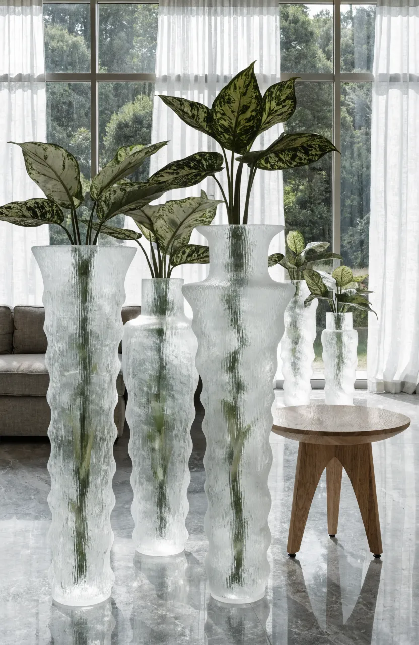 Lush Chinese Evergreen stems in frosted glass vases on an oak table in a bright, modern sunroom.
