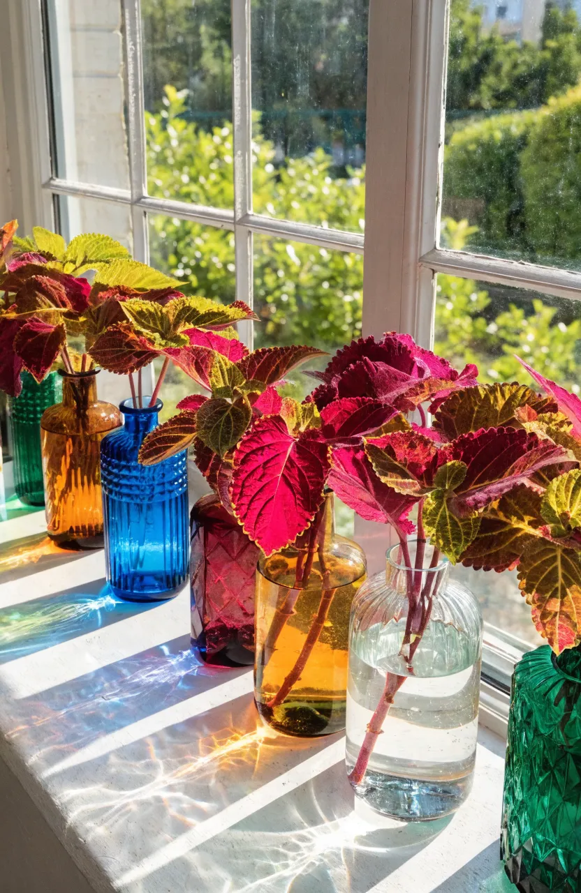 Colorful glass vials holding vibrant Coleus cuttings lined up on a sunlit white windowsill.
