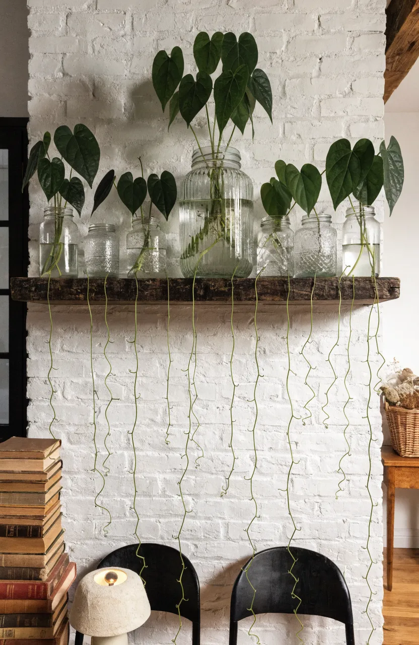 Arrowhead vines in recycled mason jars arranged on a wooden shelf against a white brick wall.