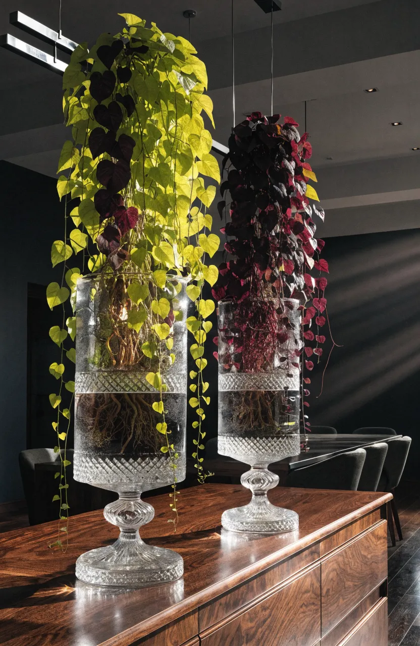 Long trailing lime and purple sweet potato vines in clear glass decanters on a dark wood sideboard.