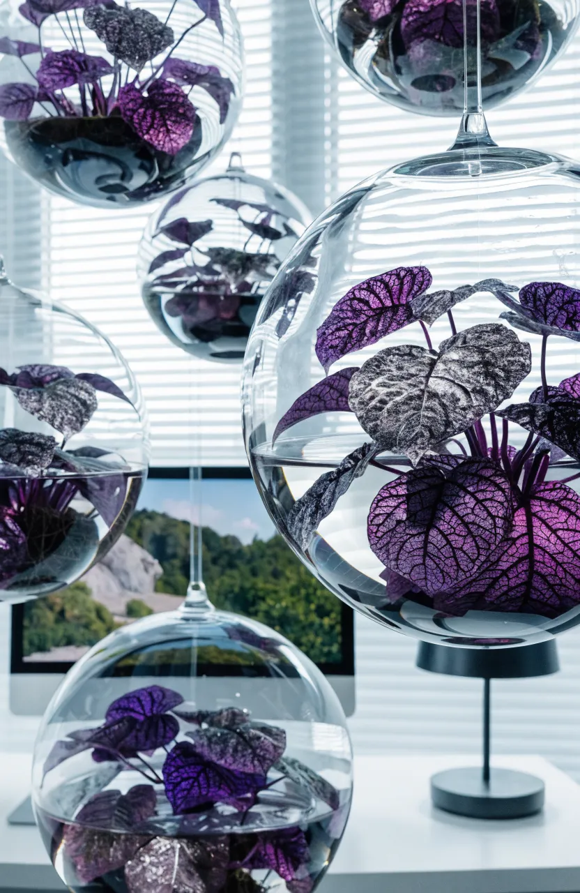 Round glass globes with shimmering purple Wandering Dude plants hanging in a bright modern office.