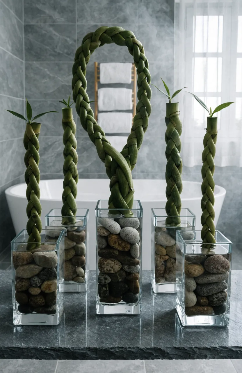 Braided Lucky Bamboo in square glass blocks with river stones on a gray bathroom vanity.