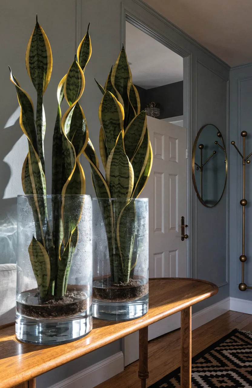 Tall Snake Plants in heavy glass cylinder vases on a teak console table in a stylish entryway.