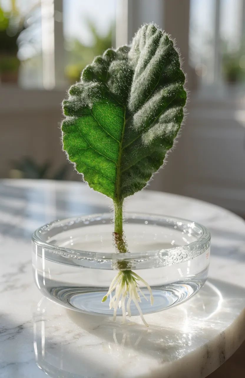 A macro shot of an African Violet leaf growing roots in a shallow glass water dish.