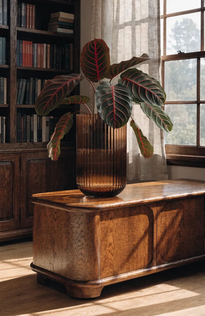 A patterned Maranta Prayer Plant in a decorative fluted glass vase in a modern living room.