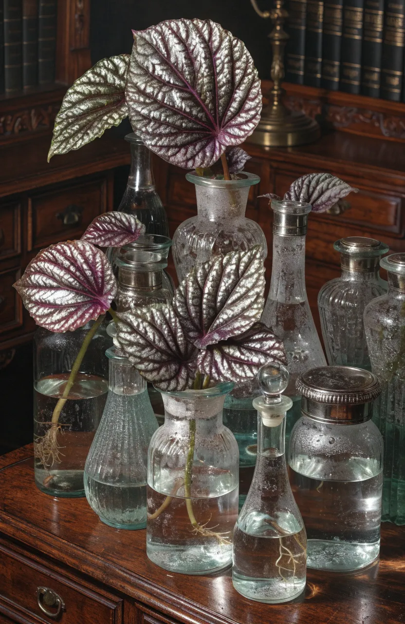 Variegated Begonia leaves rooting in vintage glass apothecary jars on a wooden desk.